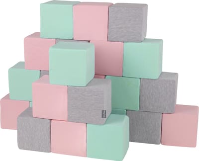 KiddyMoon Zachte Blokken voor Baby 24 Stuks - Montessori speelgoed 1 jaar - Speelmat foam - Foam blokken speelgoed kinderen XXL - Montessori baby - Zachte baby speelgoed - Schuimrubber speeltoestel - Baby speeltuin - Lichtgrijs-Roze-Munt