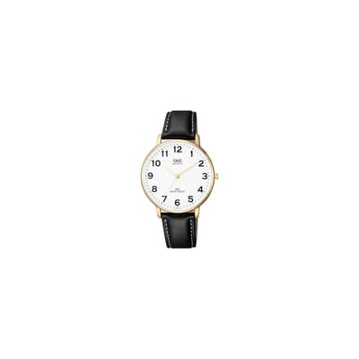 Q&Q QZ00J104Y - Horloge - Analoog - Heren - Mannen - Leren band - Rond - Metaal - Cijfers - Zwart - Goudkleurig - Wit - 3ATM