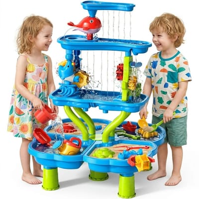 Zand- en Watertafel met Waterval – Speeltafel Kinderen – 4 Laags Waterbaan met Accessoires – Educatief Buitenspeelgoed