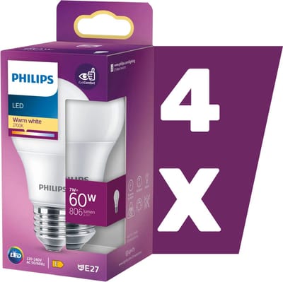Voordeelpack 4x Philips LED lamp 7W 806lm 2700K Mat Niet-Dimbaar | E27 | Extra Warm Wit | 7 watt | 15.000 Branduren