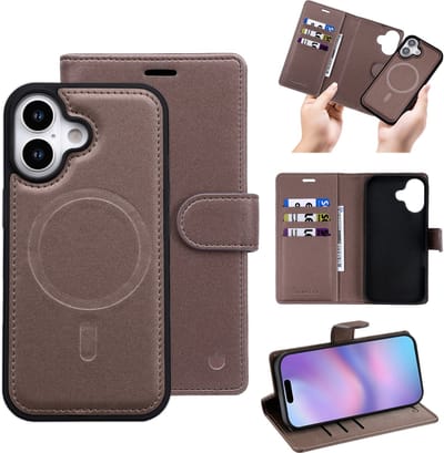 Casemania Hoesje Geschikt voor Apple iPhone 17 - Mocha Brown - 2 in 1 Bookcase met Velvet Finish - Geschikt voor MagSafe - Magnetisch Portemonnee Telefoonhoesje met Pasjeshouder en Afneembare Cover - Kunstleer Wallet Case - Bruin