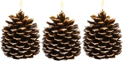 Anna's Collection LED dennenappel kaars - 3x - bruin - 12.5 x 10.5 cm - met timer