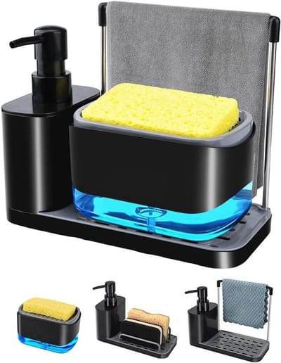 Famanu – 2-in-1 keuken zeepdispenser + organizer voor gootsteen – antislip bakje – sponshouder handdoekrek – ideaal voor handen en afwas