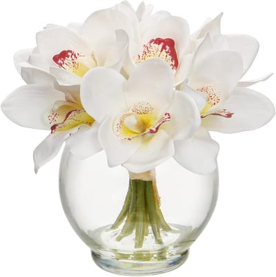 DILATATA Zijde Cymbidium Orchidee Bloemen in Glazen Vaas met Faux Water 9 stks Real Touch Kunstmatige Orchidee Bloemen Arrangement voor Bruiloft Tafel Middenstuk Woondecoratie, Wit Cymbidium