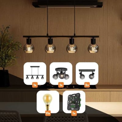 HOFTRONIC – Set van 1 Lichtbundel Glazura Smokey – Hang-, plafond- en wandlamp – Dimbaar – E14 filamentlampen – Aluminium met rookglas – IP20 – Plafondlamp smoke, plafondspots zwart