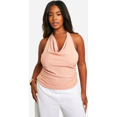 boohoo Dames Plus Linen Look Tie Halterneck Top | Roest | Maat: 50