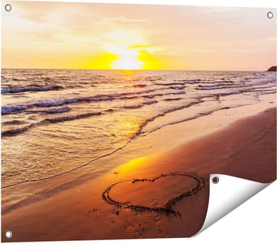 Gards Tuinposter Zonsondergang op het Strand met een Hartje - 80x60 cm - Tuindoek - Tuindecoratie - Wanddecoratie buiten - Tuinschilderij
