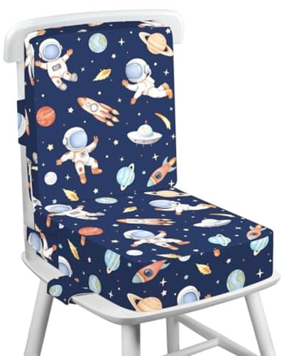 PromoHome Zitverhoger Stoel Kind - Kinderzitverhoging 36x32x10 cm - Astronaut Motief - Schuimkussen met Anti-slip en Veiligheidsgordel