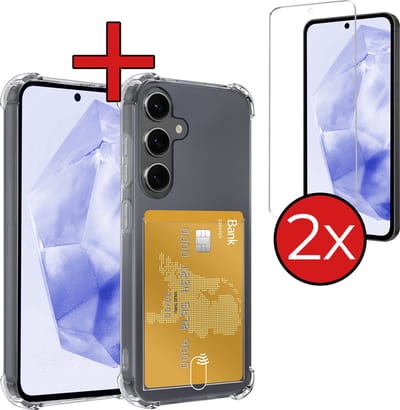 Hoesje - Geschikt voor Samsung Galaxy A35 - Met 2x Screenprotector - Pashouder - Kaarthouder - Back Cover - Telefoon Hoes Shockproof - Siliconen Case - Shock Proof - Pasjes Houder - Telefoonhoes - Transparant
