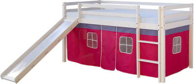 Homestyle4u Kinderbed - 90x200 cm - Hoogslaper - met glijbaan - wit met roze gordijn