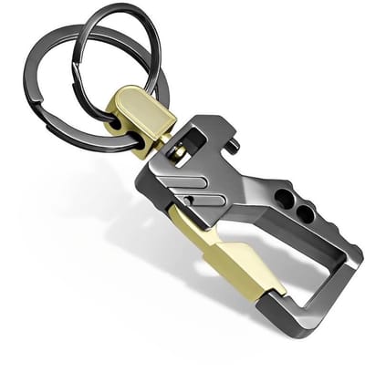 Dailygoods- Autokarabijnhaak met flesopener - Sleutelhanger - Zinklegering - Gun kleur/goud - 8,5 x 3 cm - Lichtgewicht 40 gram