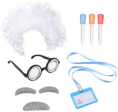 Dailygoods- Wetenschapper Kostuum - Gekke Pruik - Nerd Bril - Gesimuleerde Baard/Wenkbrauwen - Vloeibare Druppelaar - Geschikt voor Volwassenen en Kinderen - Verkleedkostuum