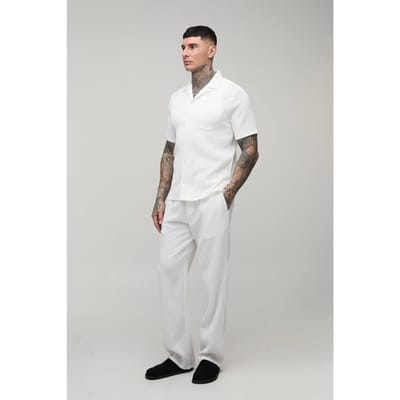 Tall Regular Fit Overhemd Met Korte Mouwen En Onregelmatige Plooien En Ontspannen Broek Set | White | Size Small