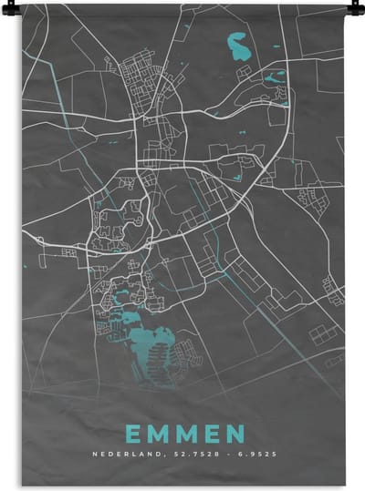 Wandkleed - Wanddoek - Stadskaart - Emmen - Grijs - Blauw - 60x90 cm - Wandtapijt - Plattegrond