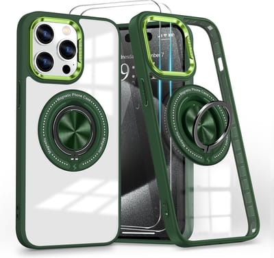 Hoesje Geschikt voor iPhone 15 Pro Max Arara hoesje voor Magsafe Transparant hard case - kickstand Draaibare Ring Houder met 2 Stuks screenprotectors - Groen