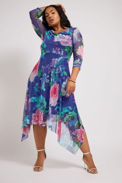 Yours London Asymmetrische Mesh Jurk Met Bloemenmotief In Blauw/Roze Size 42
