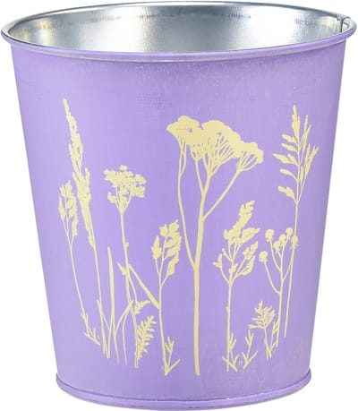 Metalen bloempot, plantenbak, paarse bloemen, Ø10cm H10,5cm