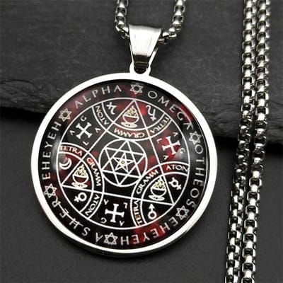 Sigil de la Clé de Salomon Médaille Ronde en Verre Collier Pour Femmes Hommes Acier Inoxydable Doré Archange Kabbale Talisman Bijoux gray