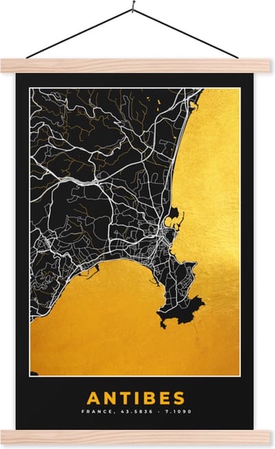 Posterhanger incl. Poster 40x60 cm - Schoolplaat - Antibes - Frankrijk – Kaart – Plattegrond – Stadskaart - Textielposter - Blanke latten - Stadskaart