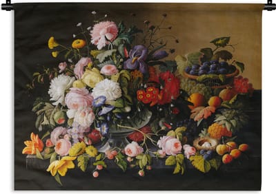 Wandkleed - Wanddoek - Stilleven met bloemen en fruit - Kunstwerk - Oude meesters - 120x90 cm - Wandtapijt