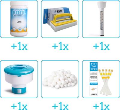 Zwembad Onderhoudspakket - Onderhoud Zwembad - bevat Chloor - Scrubborstel - Thermometer - Chloordrijver - Filterbollen en Testrips (6-delig)