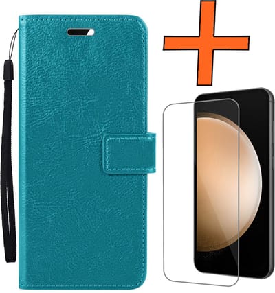 Hoes - Met Screenprotector - Geschikt voor Samsung Galaxy S23 FE - Luxe Pasjeshouder - Bookcase Portemonee - Flip Case - Kunstleer Book Case - Flipcase - Book Cover - Walletcase - PortemonneeHoes - Turquoise