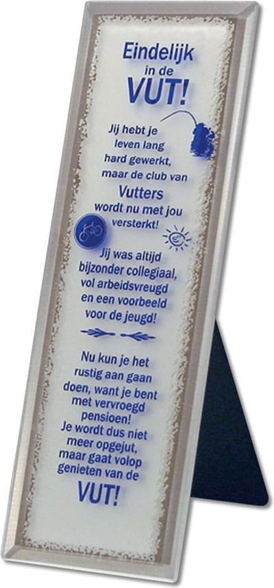 Decoratieve spiegel met tekst: EINDELIJK in de VUT!