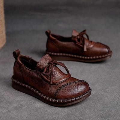 Dames Flats Schoenen Lente Ronde Neus Veterschoenen Leren Casual Loafers Handgemaakte Comfortabele Schoenen 35 bruin