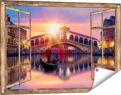 Gards Tuinposter Doorkijk Gondel bij de Rialtobrug in Venetië, Italië - 90x60 cm - Tuindoek - Tuindecoratie - Wanddecoratie buiten - Tuinschilderij
