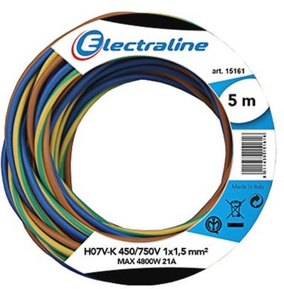 Kabelrol 1 x 1.5 mm², 5 m lengte, Bruin, Geel/Groen, Blauw