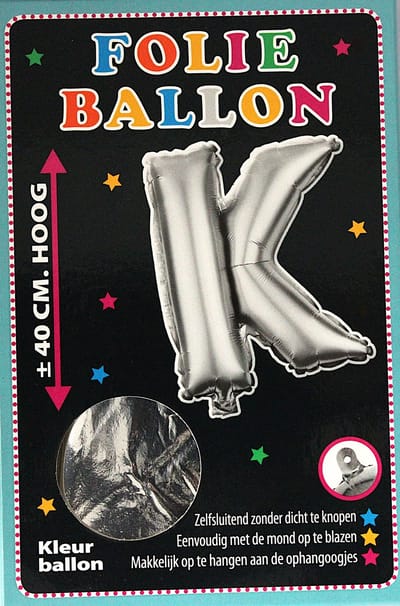 Folieballon - K - Letter Zilver - 40cm - Folie - Ballon - Zelfsluitend - Eenvoudig Met Mond Opblazen - Ophangoogjes - Touche Cards
