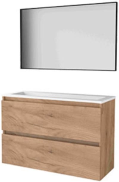 Basic-Line Framed 39 Badkamermeubelset - Ondiep - 100 x 39 cm - Greeploos - 2 Lades - Acryl Wastafel - Zonder Kraangat - Spiegel met Zwart Aluminium Frame - Whisky Oak