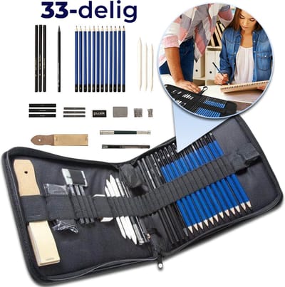 VoordeelShop Professionele Schets Potloden Set 33-Delig - Teken Potloden - Accessoires – Tekenen met Houtskool & Grafiet - Etui - Teken Set - Potloden - Potlood