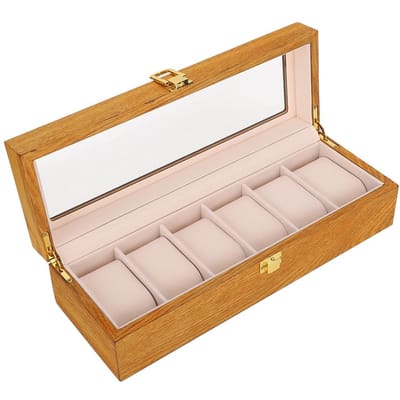 Boîte d'affichage pour montres en bois à 6 compartiments Boîte de rangement pour montres avec fenêtre transparente Boîtier beige