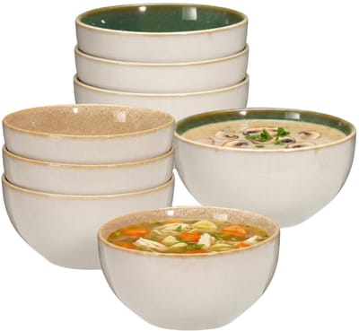 Soepkom Kenji - set van 8x - beige /groen - 14 x 7 cm - keramiek - kommetjes - 580 ml