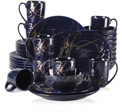 Lucenzo Serviesset - 32 delig - Donkerblauw/Goud - Dinerborden - Bordenset - Diepe borden - Ontbijtborden - Servies - Keukenservies