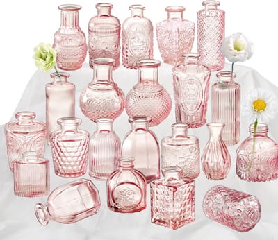 Glazen Vaasjes Set - Kleine Bloemenvaasjes - Tafel Decoratie - 22 Stuks Verschillende Vormen - 5 cm Hoog - Roze