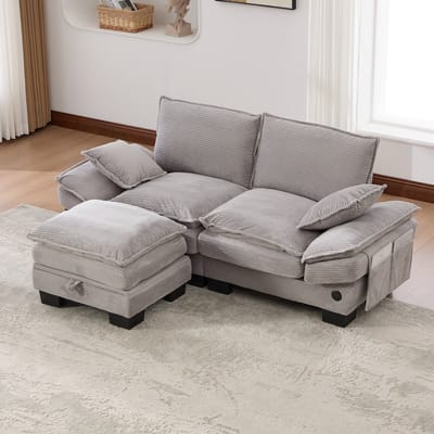 MODENUIT 2-Zitsbank 190 x 132 cm - Met Hocker, USB-C En Zijvakken - Voor Woonkamer Of Kantoor - Corduroy - Lichtgrijs