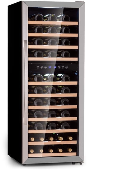 Klarstein Wijnkoelkast 2 Zones – Vrijstaande Wijnklimaatkast met Glazen Deur – Smalle Drankenkoelkast met LED-Verlichting – Temperatuur 5-18°C – Capaciteit 73 Flessen - 94L - Touch - voor Champagne - Wijnkast - Wine Cooler