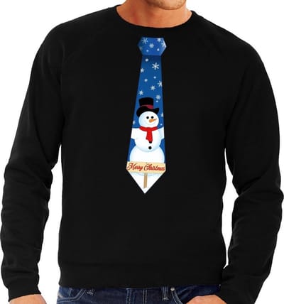 Foute kersttrui / sweater stropdas met sneeuwpop print zwart voor heren S