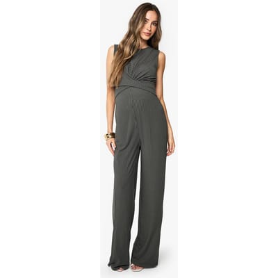 boohoo Dames Geribde zwangerschapsjumpsuit zonder mouwen met knoopdetail | Kaki | Maat: 44