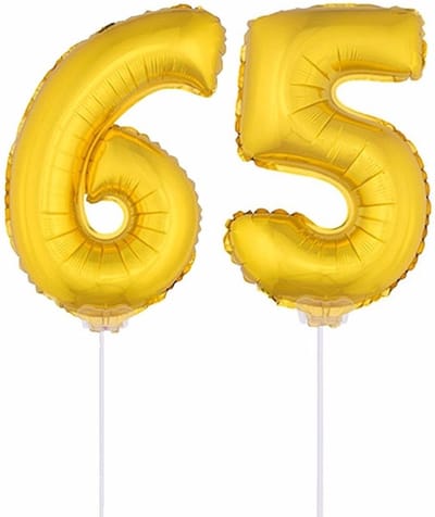 65 jaar leeftijd feestartikelen - versiering cijfers - ballonnen op stokje - van 41 cm - Combi van cijfer 65 - in het goud