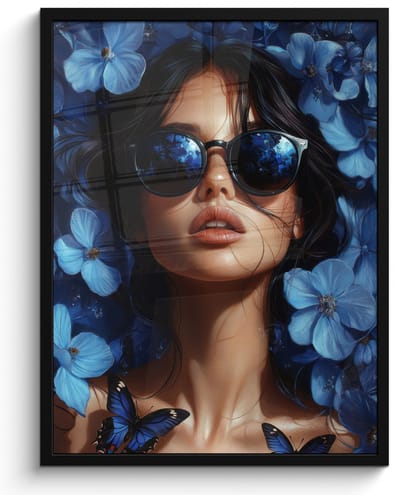 Poster in lijst - Fotolijst 50x70 cm - Posters - Vrouw - Blauw - Bloemen - Vlinders - Natuur - Posterlijst zwart - Decoratie - Wanddecoratie woonkamer - Muurdecoratie slaapkamer
