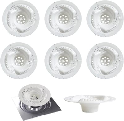 Haarvriendelijke douchefilters, plastic afvoerfilter voor douche en keuken, anti-verstopping, rond, 8 x 8 x 2.5 cm, wit, set van 6, ideaal voor schoon water en huidverzorging