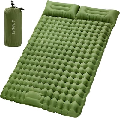 Zelfopblazend Slaapmat voor 2 Personen 200 x 135 cm - Ultralichte Campingmat met Voetpomp, Opvouwbaar en Inclusief Kussen voor Comfortabel Kamperen