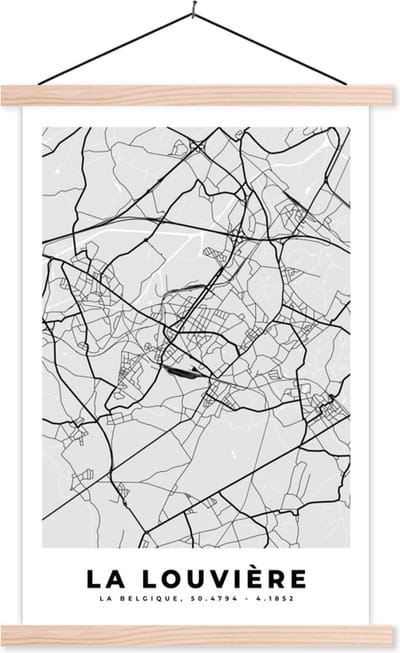 Posterhanger incl. Poster 40x60 cm - Schoolplaat - Stadskaart – Zwart Wit - Kaart – La Louvière – België – Plattegrond - Textielposter - Blanke latten - Stadskaart