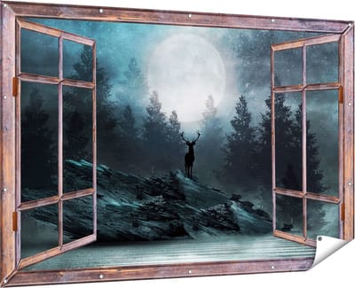 Gards Tuinposter Doorkijk Hert op een Rots tijdens Volle Maan - 180x120 cm - Tuindoek - Tuindecoratie - Wanddecoratie buiten - Tuinschilderij
