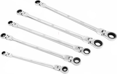 HBM 5-delige professionele extra lange ringsleutelset met ratelfunctie en kantelbare koppen 8-19 mm