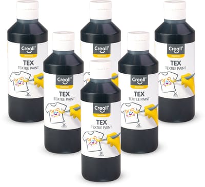 Creall Textiel- & Stoffenverf - Zwart - 6 x 250 ml - Machine wasbaar na fixatie - Voor T-shirts, jeans, schoenen, stoffen tassen, meubels en auto-interieurs/hemelbekleding