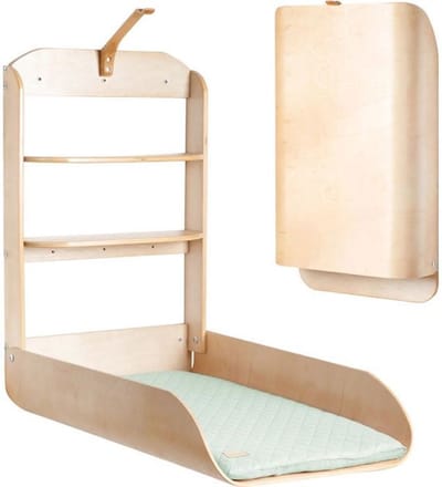 Aan de muur gemonteerde en opvouwbare luiertafel - ROBA - Natuurlijk hout - Geïntegreerde planken - Minimalistisch design